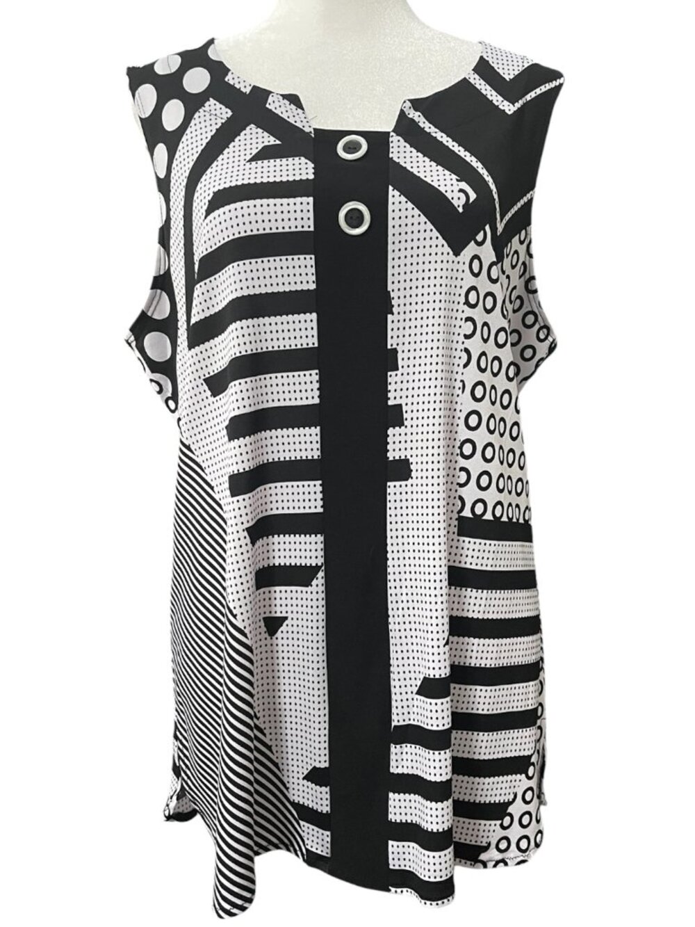 Black & White Print Sleeveless Button Deco Tunic Top Large EUC